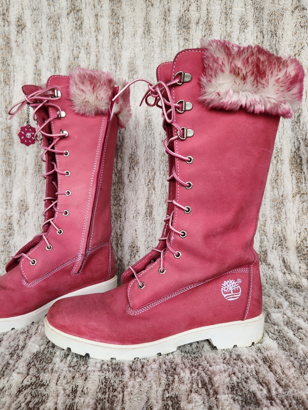 Timberland Rare Hot Pink Suede High Lace-Up Fluffy Tall Boots | Women's Size 6.5